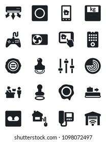 Set of vector isolated black icon - baggage conveyor vector, passport control, stamp, radar, scales, gamepad, tuning, record, air conditioner, home, remote, intercome, app, garage gate