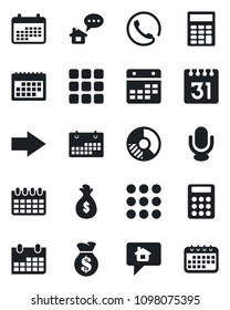 Set of vector isolated black icon - right arrow vector, calendar, circle chart, microphone, menu, calculator, phone, home message, money bag