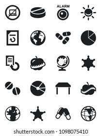 Set of vector isolated black icon - no laptop vector, globe, document reload, pills, diet, earth, pie graph, table, police, alarm led