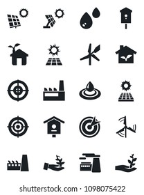Set of vector isolated black icon - factory vector, bird house, target, sun panel, windmill, eco, water, palm sproute