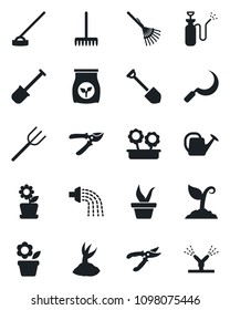 Set of vector isolated black icon - job vector, flower in pot, shovel, farm fork, rake, seedling, watering can, sproute, pruner, hoe, sickle, garden sprayer, fertilizer, irrigation