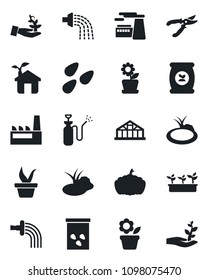 Set of vector isolated black icon - factory vector, flower in pot, seedling, watering, pruner, pumpkin, greenhouse, seeds, pond, garden sprayer, fertilizer, eco house, palm sproute