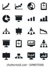 Set of vector isolated black icon - hierarchy vector, presentation board, statistic monitor, circle chart, pulse clipboard, statistics, bar graph, arrow up, growth, crisis