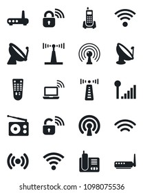 Set of vector isolated black icon - antenna vector, satellite, wireless notebook, office phone, radio, remote control, cellular signal, lock, router