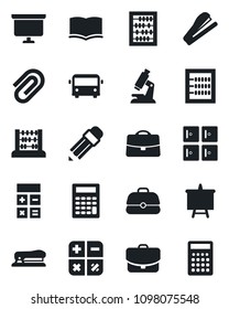 Set of vector isolated black icon - airport bus vector, checkroom, book, calculator, abacus, presentation board, microscope, case, paper clip, pencil, stapler