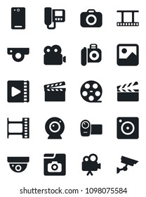 Set of vector isolated black icon - clapboard vector, film frame, reel, camera, video, phone back, mobile, gallery, photo, web, intercome, surveillance