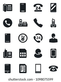 Set of vector isolated black icon - phone vector, no mobile, office, 24 hours, support, cell, radio, back, call, sim
