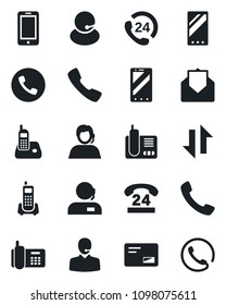 Set of vector isolated black icon - phone vector, mobile, office, 24 hours, support, radio, mail, call, data exchange