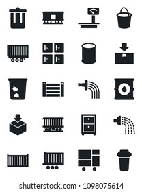 Set of vector isolated black icon - trash bin vector, checkroom, bucket, watering, railroad, truck trailer, cargo container, consolidated, package, oil barrel, heavy scales, archive box