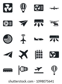 Set of vector isolated black icon - plane radar vector, departure, wind, helicopter, seat map, air conditioner, fan, paper, balloon