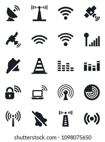 Set of vector isolated black icon - antenna vector, wireless notebook, border cone, radar, satellite, equalizer, mute, cellular signal, lock