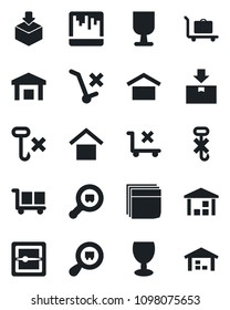 Set of vector isolated black icon - baggage trolley vector, fragile, cargo, warehouse storage, no, hook, package, search, scanner, blank box