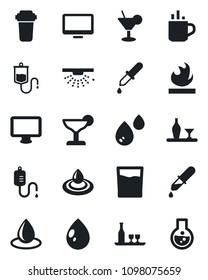 Set of vector isolated black icon - hot cup vector, water drop, dropper, flammable, monitor, alcohol, drink, cocktail, filter, sprinkler, flask