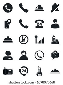 Set of vector isolated black icon - phone vector, no mobile, reception bell, office, 24 hours, support, tracking, radio, call, mute, cellular signal