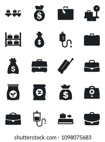 Set of vector isolated black icon - suitcase vector, baggage conveyor, larry, luggage storage, scales, case, money bag, fertilizer, doctor, dropper