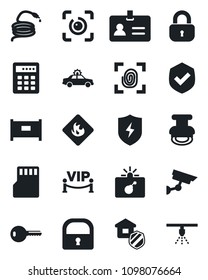 Set of vector isolated black icon - fence vector, alarm car, bomb in case, identity, hose, shield, flammable, protect, sd, lock, eye id, stamp, key, estate insurance, vip zone, fingerprint