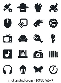 Set of vector isolated black icon - abacus vector, mouse, stamp, fence, glove, butterfly, garden light, real heart, satellite, tulip, radio, headphones, cut, music, cushioned furniture, tv, ham
