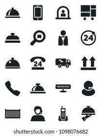 Set of vector isolated black icon - 24 around vector, reception bell, mobile phone, office, hours, support, cargo container, consolidated, up side sign, search, call, moving, waiter, dish, reserved