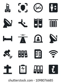 Set of vector isolated black icon - runway vector, satellite antenna, elevator, escalator, no smoking, reception, flight table, book, pulse clipboard, signpost, office phone, sim, wireless, face id