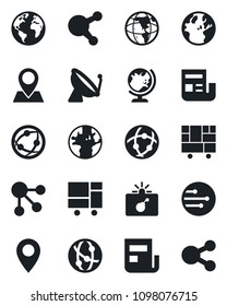 Set of vector isolated black icon - satellite antenna vector, bomb in case, globe, earth, pin, consolidated cargo, network, share, news, social media