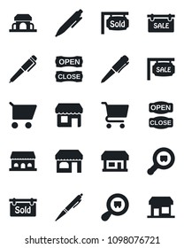 Set of vector isolated black icon - shop vector, pen, store, search cargo, sale, sold signboard, cafe building, open close, cart, storefront