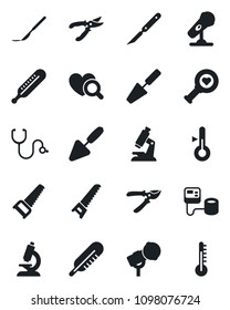 Set of vector isolated black icon - trowel vector, pruner, saw, stethoscope, blood pressure, thermometer, heart diagnostic, microscope, scalpel, microphone