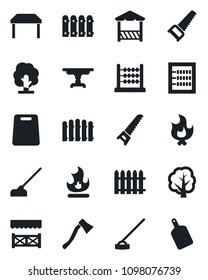 Set of vector isolated black icon - fence vector, tree, saw, fire, hoe, axe, abacus, table, alcove, cutting board
