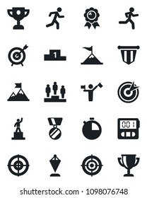 Set of vector isolated black icon - dispatcher vector, pedestal, pennant, medal, run, stopwatch, target, motivation, award cup