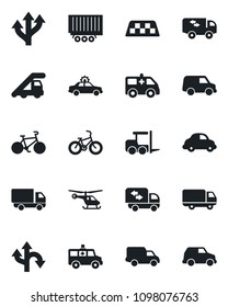 Set of vector isolated black icon - taxi vector, alarm car, fork loader, ladder, helicopter, ambulance, bike, route, truck trailer, delivery, moving