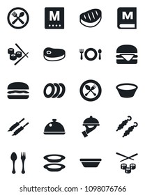 Set of vector isolated black icon - spoon and fork vector, dish, cafe, menu, plates, waiter, steak, kebab, hamburger, bowl, sushi