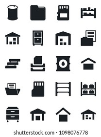 Set of vector isolated black icon - luggage storage vector, warehouse, oil barrel, rack, sd, folder, document, paper tray, archive box