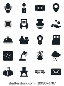 Set of vector isolated black icon - airport bus vector, automatic door, sun, document, manager place, bulb, rain, fireplace, virus, pin, microphone, sd, application, desk lamp, stamp, mailbox, dish