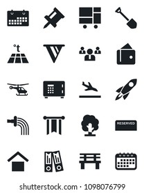 Set of vector isolated black icon - arrival vector, helicopter, safe, team, office binder, job, tree, watering, bench, consolidated cargo, warehouse storage, calendar, drawing pin, reserved, rocket