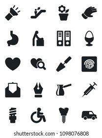 Set of vector isolated black icon - escalator vector, baby room, disabled, office binder, flower in pot, trowel, glove, heart, syringe, diagnostic, stomach, implant, mail, torch, fingerprint id, car