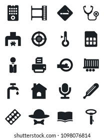 Set of vector isolated black icon - smoking place vector, book, printer, house, stethoscope, thermometer, pills blister, tomography, truck trailer, film frame, microphone, sim, target, water supply