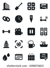 Set of vector isolated black icon - office building vector, calculator, binder, shovel, plant label, barbell, route, chain, pause button, eye id, video, pie graph, pool, heater, beer, water
