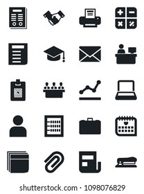 Set of vector isolated black icon - handshake vector, mail, case, calculator, graduate, document, manager place, medical calendar, user, paper clip, news, identity card, abacus, blank box, meeting