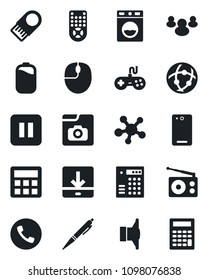 Set of vector isolated black icon - phone vector, mouse, radio, speaker, gamepad, remote control, share, group, pause button, back, calculator, network, download, photo gallery, battery, pen, washer