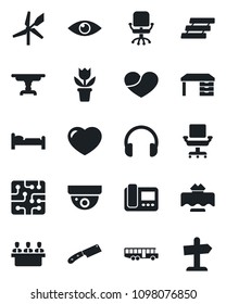 Set of vector isolated black icon - airport bus vector, bed, office chair, desk, flower in pot, eye, headphones, heart, meeting, paper tray, table, restaurant, knife, chip, intercome, windmill