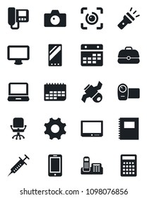 Set of vector isolated black icon - camera vector, mobile phone, office chair, syringe, satellite, term, tv, video, monitor, laptop pc, settings, calendar, torch, eye id, copybook, intercome, case