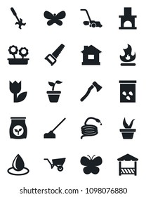 Set of vector isolated black icon - seedling vector, wheelbarrow, saw, lawn mower, butterfly, fire, house, water drop, hose, hoe, axe, fireplace, seeds, fertilizer, ripper, tulip, flower in pot