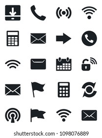 Set of vector isolated black icon - phone vector, right arrow, mail, calendar, call, download, wireless, update, calculator, lock, flag
