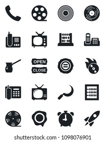 Set of vector isolated black icon - alarm clock vector, abacus, stamp, sickle, reel, vinyl, flame disk, radio phone, call, office, tv, open close, turkish coffee, rocket