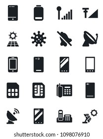 Set of vector isolated black icon - satellite antenna vector, mobile phone, virus, cell, low battery, back, sim, mute, cellular signal, office, sun panel