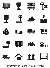 Set of vector isolated black icon - sea shipping vector, truck trailer, car delivery, port, consolidated cargo, fragile, warehouse storage, up side sign, no hook, package, heavy scales, rack
