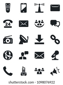 Set of vector isolated black icon - satellite antenna vector, mail, team, office phone, 24 hours, microphone, radio, remote control, network, cell, dialog, speaker, chain, call, download, company