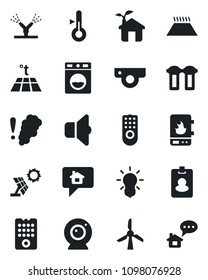 Set of vector isolated black icon - eco house vector, remote control, irrigation, water heater, web camera, filter, washer, smoke detector, thermometer, warm floor, bulb, sound, sun panel, windmill