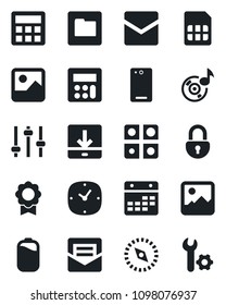 Set of vector isolated black icon - phone back vector, gallery, tuning, calculator, clock, mail, sim, folder, calendar, download, compass, lock, music, battery, application, sertificate, root setup