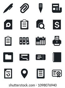 Set of vector isolated black icon - ticket vector, pen, calendar, document reload, printer, plant label, pin, receipt, clipboard, folder, copybook, paper clip, news, search, binder, schedule