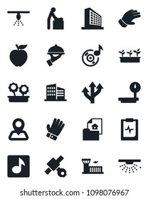 Set of vector isolated black icon - baby room vector, airport building, office, glove, seedling, pulse clipboard, route, navigation, satellite, heavy scales, music, estate document, flower in pot